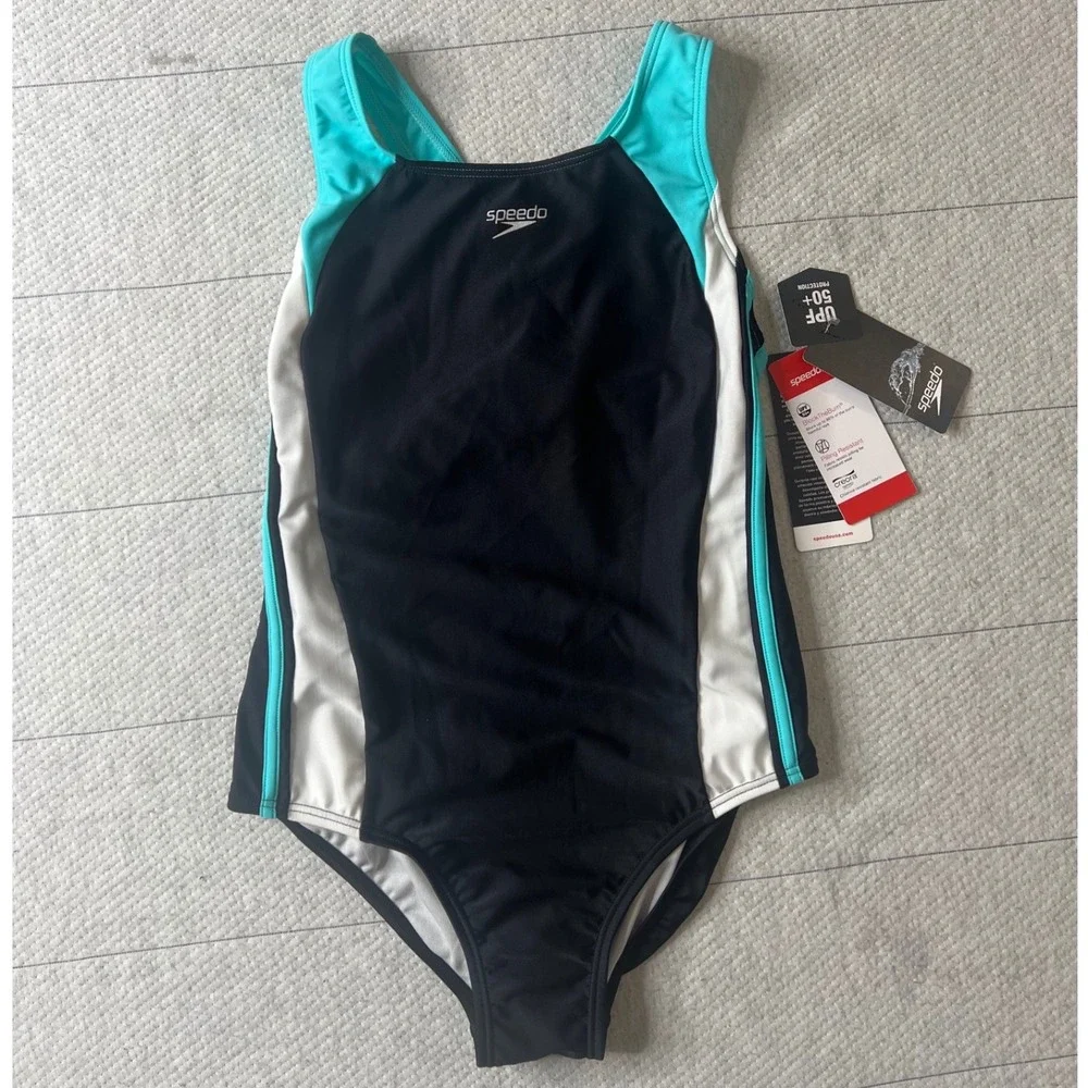 Speedo Girls One Piece Swimsuit Size 14 Black Turquoise UPF 50+ 7714076